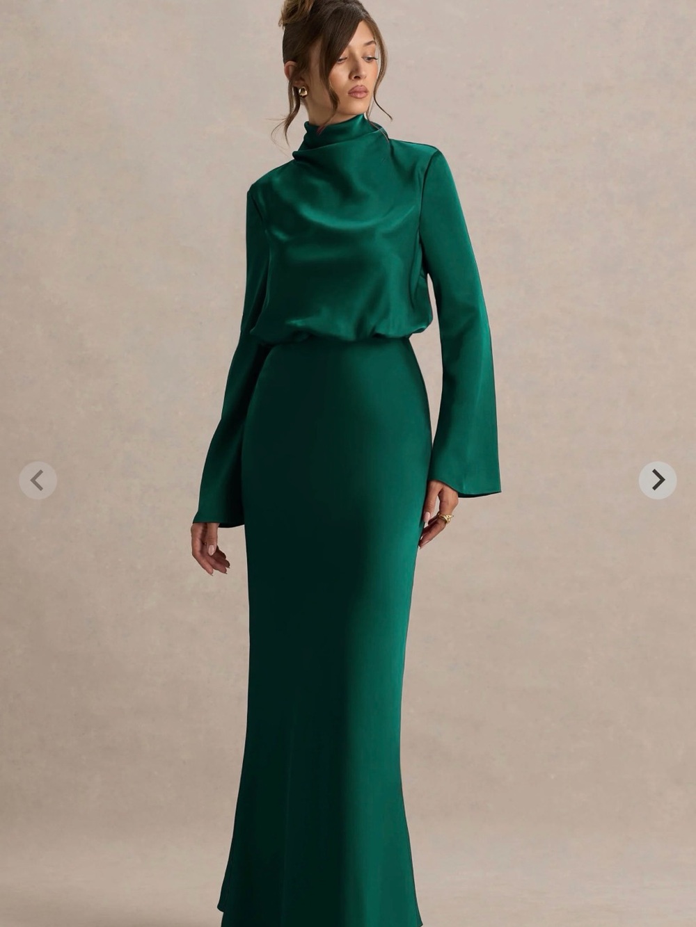 Emerald Long-Sleeve High-Neck Satin Gown
